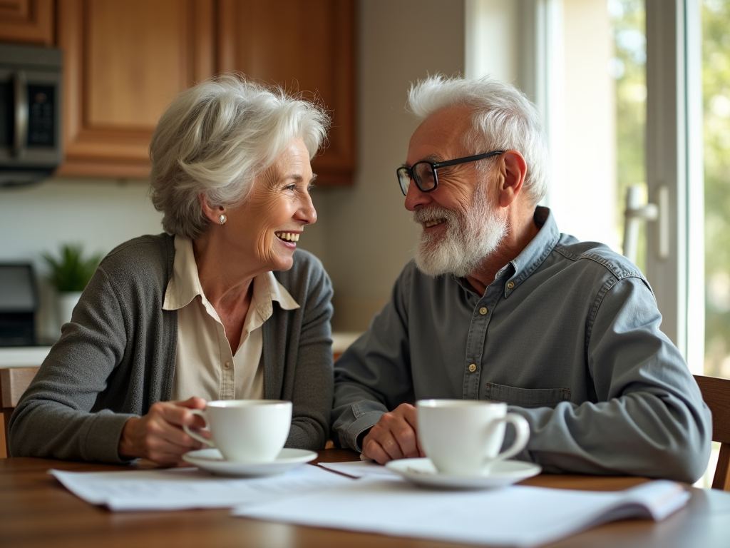 A smiling older couple sitting together at their kitchen table with cups of coffee and some paperwork.